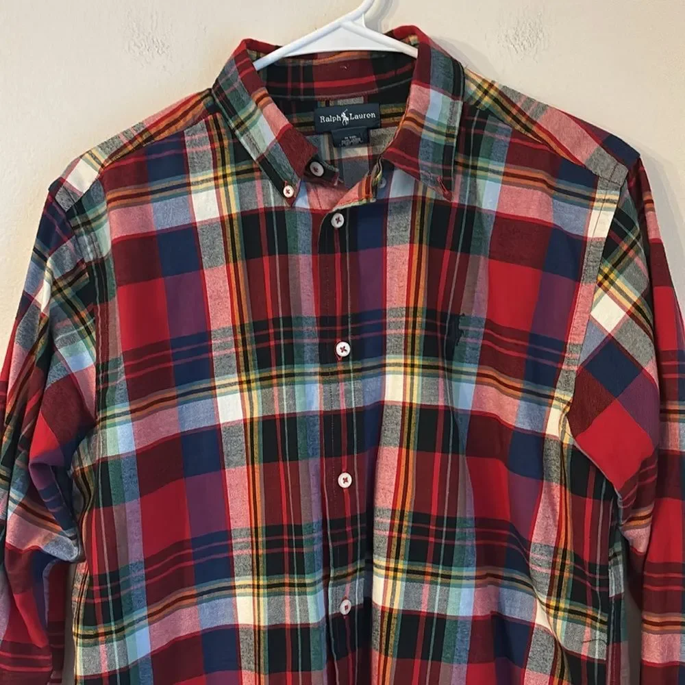 Ralph Lauren Boy unisex Multi colored plaid tartan flannel button down XL/18/20